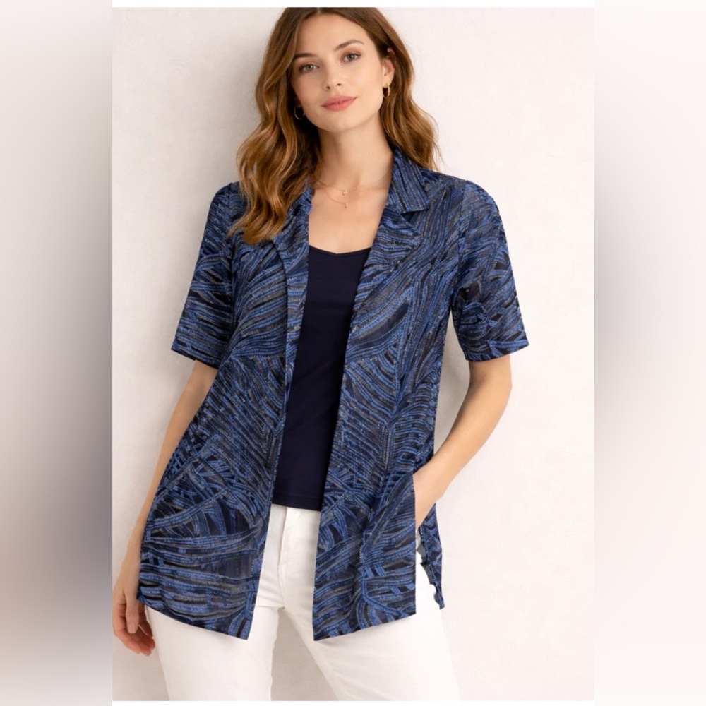 Chicos 2 Travelers Whimsy Meshy Strip‎ Jacket Womens 12 Blue Short Sleeve